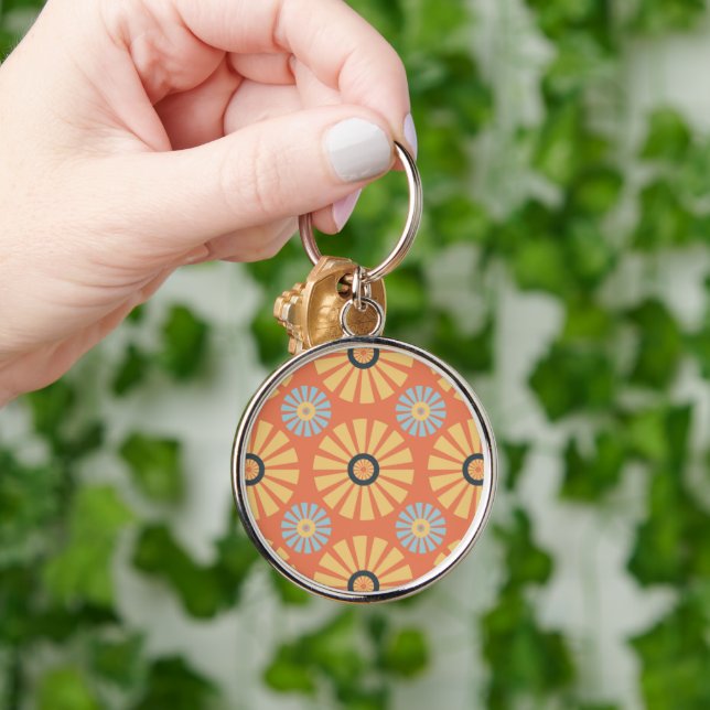 Retro Abstrat Blue and Orange Daisies Pattern Keychain (Hand)