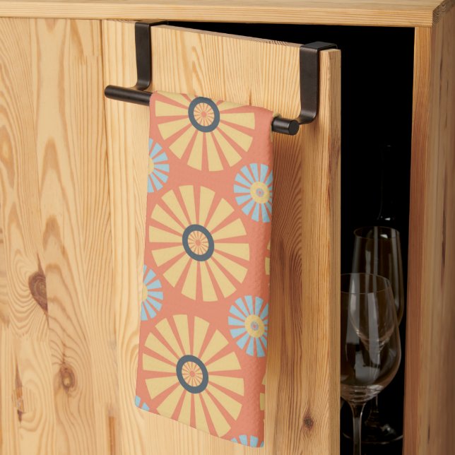 Retro Abstrat Blue and Orange Daisies Pattern Kitchen Towel (Thirds Fold)