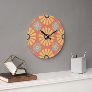 Retro Abstrat Blue and Orange Daisies Pattern Large Clock