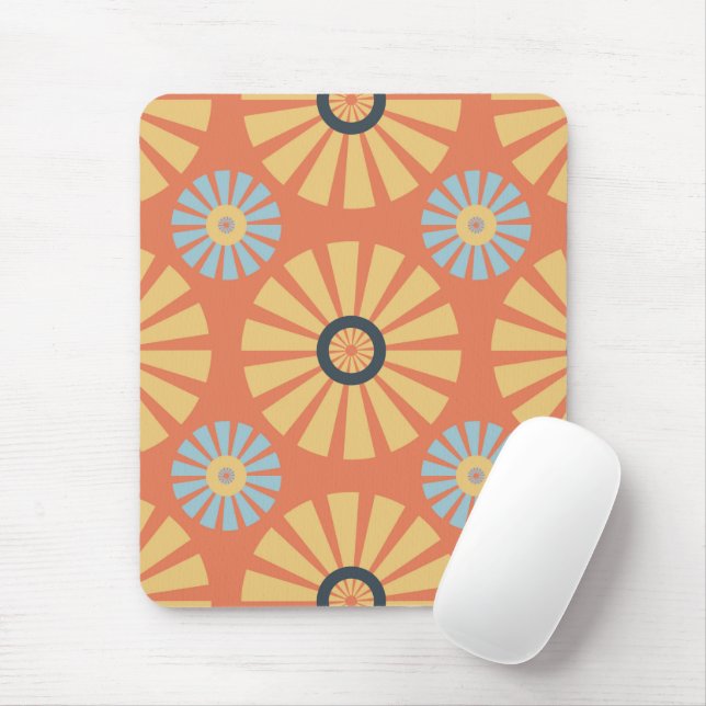 Retro Abstrat Blue and Orange Daisies Pattern Mouse Pad (With Mouse)