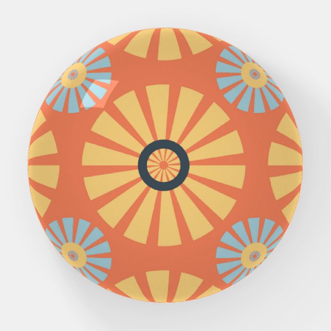 Retro Abstrat Blue and Orange Daisies Pattern Paperweight (Front)