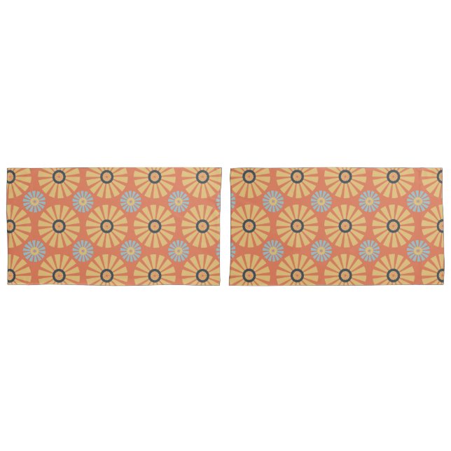 Retro Abstrat Blue and Orange Daisies Pattern Pillow Case (Front-Set)