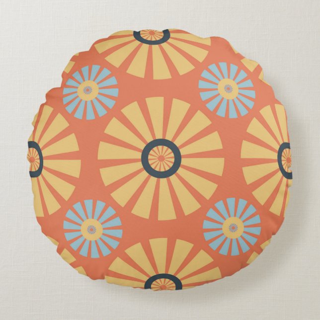 Retro Abstrat Blue and Orange Daisies Pattern Round Pillow (Front)