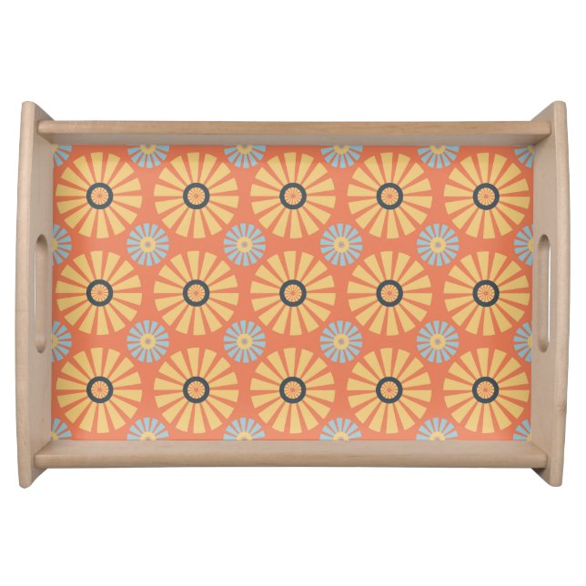 Retro Abstrat Blue and Orange Daisies Pattern Serving Tray (Front)
