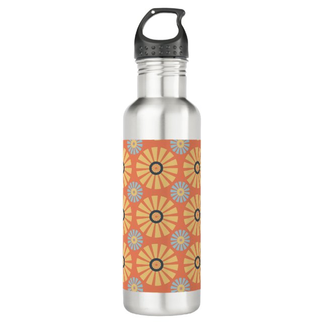 Retro Abstrat Blue and Orange Daisies Pattern Stainless Steel Water Bottle (Front)