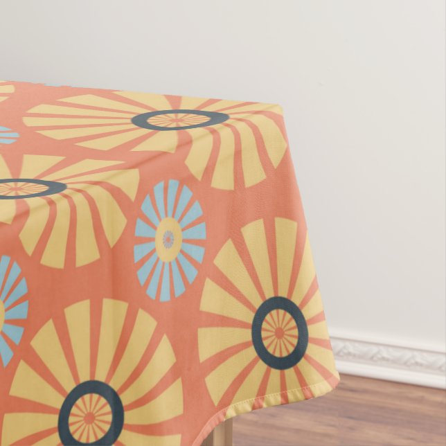 Retro Abstrat Blue and Orange Daisies Pattern Tablecloth (In Situ)