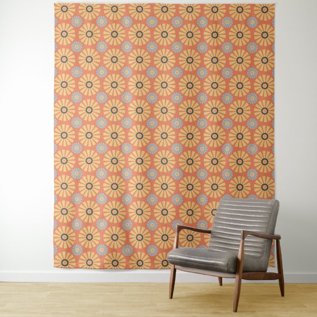 Retro Abstrat Blue and Orange Daisies Pattern Tapestry (In Situ)