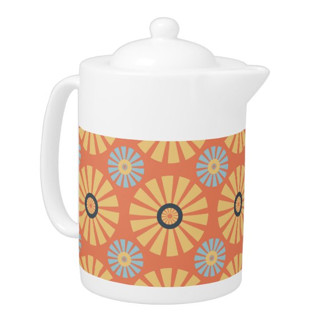 Retro Abstrat Blue and Orange Daisies Pattern Teapot (Left)