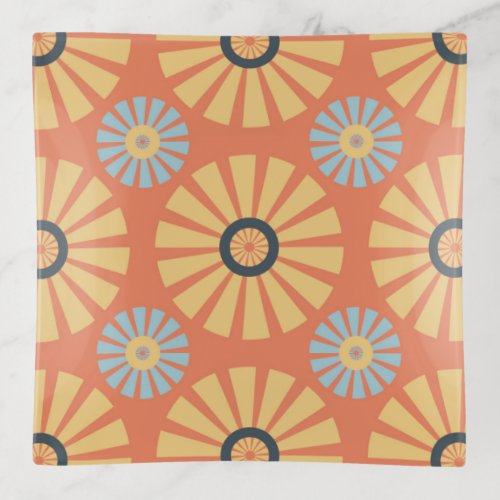 Retro Abstrat Blue and Orange Daisies Pattern Trinket Tray