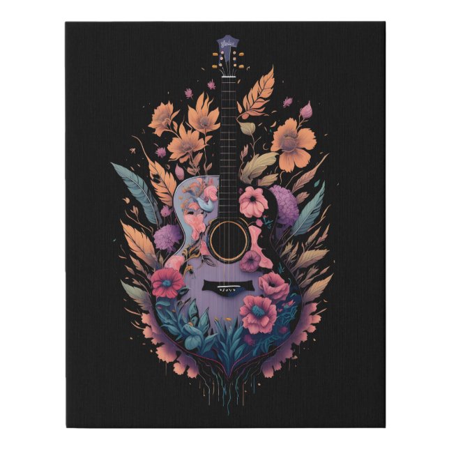 Retro Acoustic Guitar Flowers Hippie Groovy  Faux Canvas Print (Front)