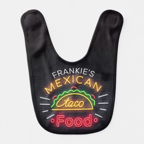 Retro ADD NAME Faux Neon Mexican Food Taco Diner Baby Bib