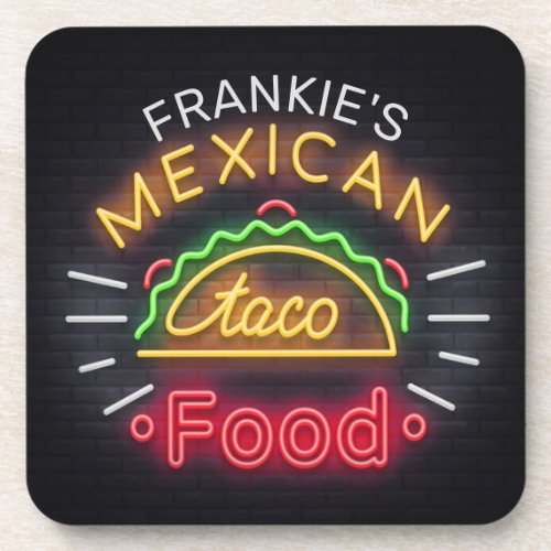 Retro ADD NAME Faux Neon Mexican Food Taco Diner Beverage Coaster