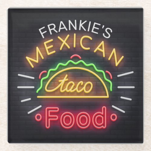 Retro ADD NAME Faux Neon Mexican Food Taco Diner Glass Coaster