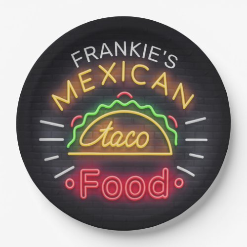 Retro ADD NAME Faux Neon Mexican Food Taco Diner Paper Plates