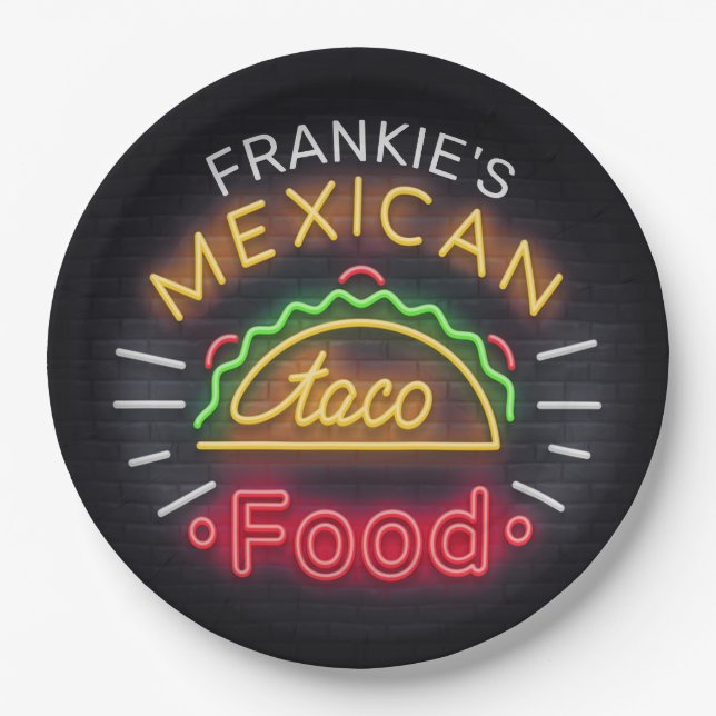 Retro ADD NAME Faux Neon Mexican Food Taco Diner Paper Plates (Front)