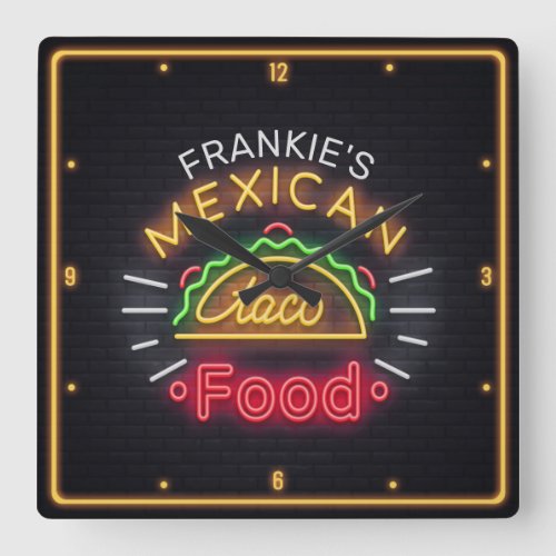 Retro ADD NAME Faux Neon Mexican Food Taco Diner Square Wall Clock