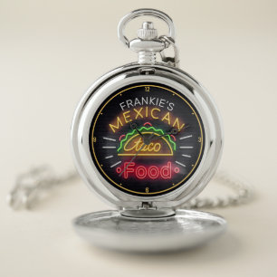 Retro ADD NAME Faux Neon Mexican Food Taco Diner W Pocket Watch
