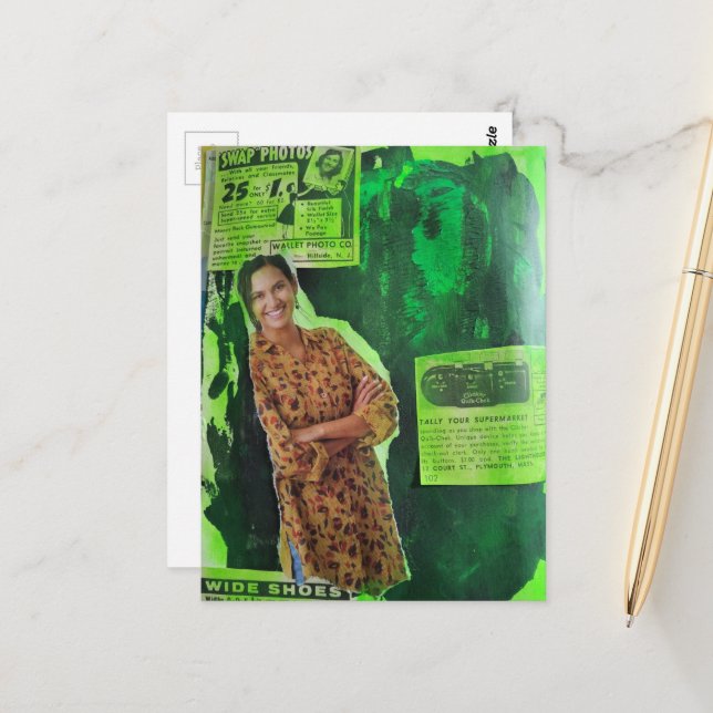 Retro Ads A Happy Lady Green Mixed Media Collage Postcard (Front/Back In Situ)