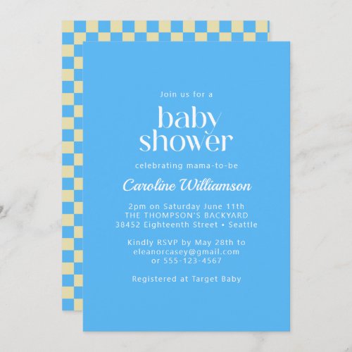 Retro Aesthetic Checkerboard Blue Baby Shower Invitation