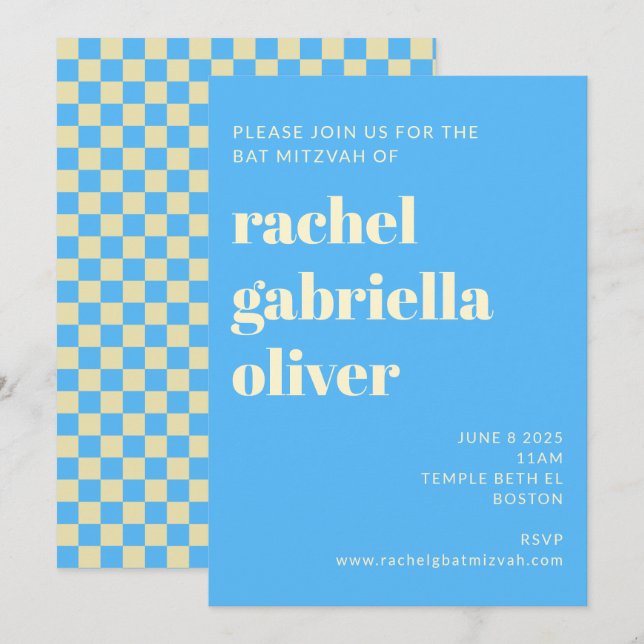 Retro Aesthetic Checkerboard Blue Bat Bar Mitzvah Invitation (Front/Back)