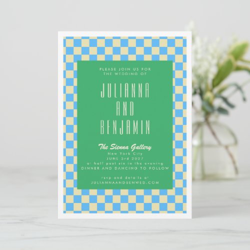 Retro Aesthetic Checkerboard Blue Green Wedding Invitation