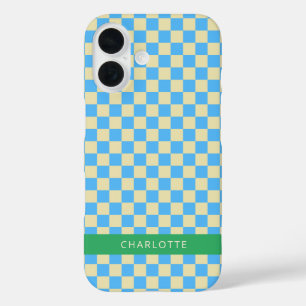 Retro Aesthetic Checkerboard Blue Personalized iPhone 16 Case