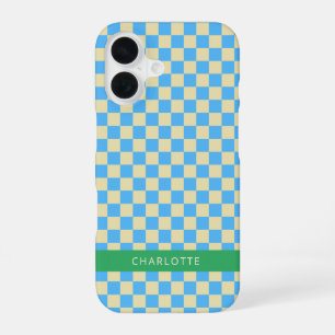 Retro Aesthetic Checkerboard Blue Personalized iPhone 16 Case