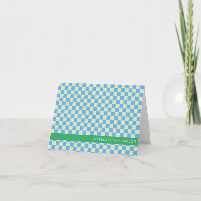 Retro Aesthetic Checkerboard Blue Personalized Note Card (Front)