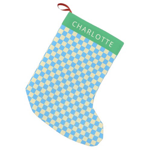 Retro Aesthetic Checkerboard Blue Personalized  Small Christmas Stocking