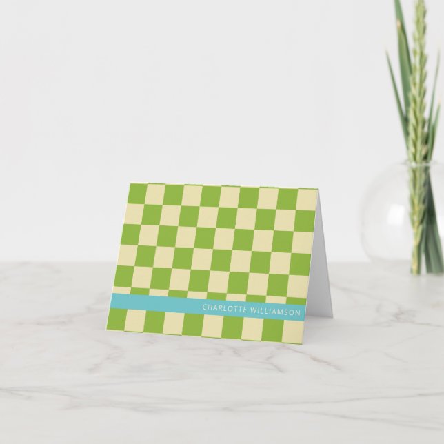 Retro Aesthetic Checkerboard Green Personalized Note Card (Front)