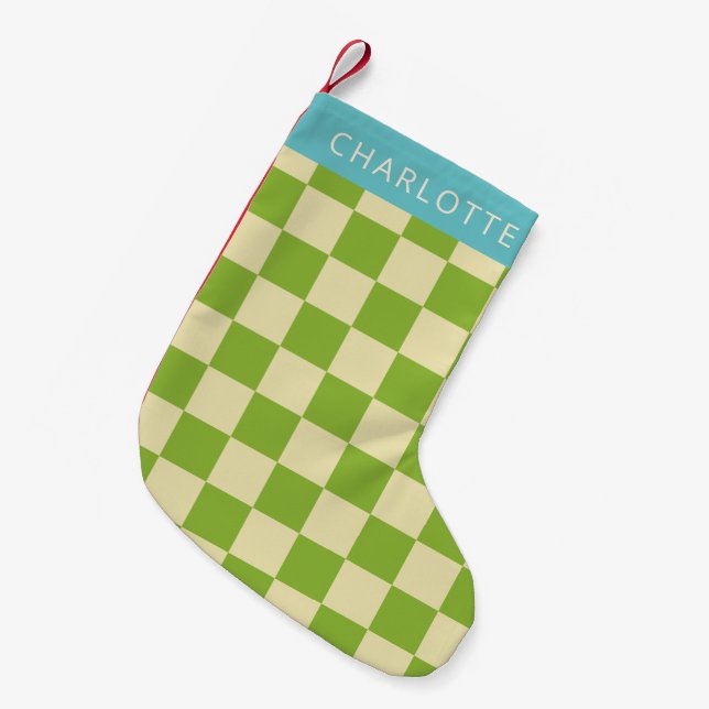 Retro Aesthetic Checkerboard Green Personalized  Small Christmas Stocking (Front (Hanging))