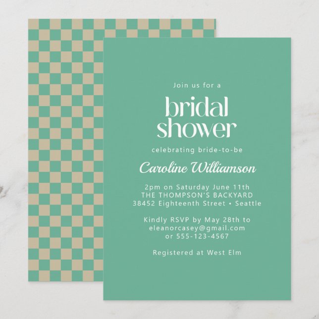 Retro Aesthetic Checkerboard Mint Bridal Shower In Invitation (Front/Back)