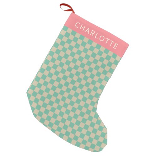 Retro Aesthetic Checkerboard Mint Personalized   Small Christmas Stocking