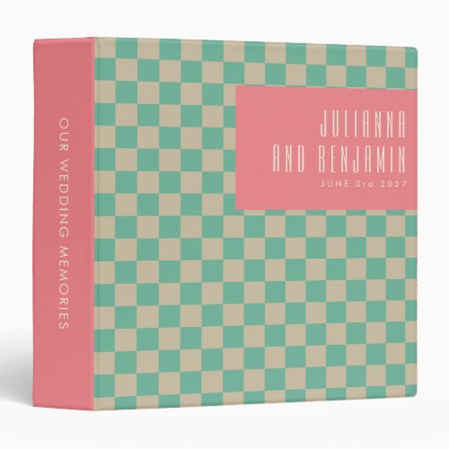 Retro Aesthetic Checkerboard Mint Pink Wedding 3 Ring Binder