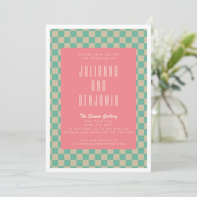 Retro Aesthetic Checkerboard Mint Pink Wedding Invitation (Standing Front)