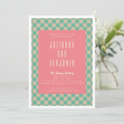 Retro Aesthetic Checkerboard Mint Pink Wedding Invitation