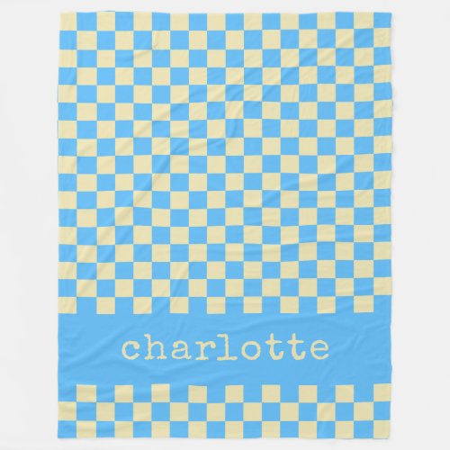 Retro Aesthetic Checkerboard Pattern Blue Name Fleece Blanket