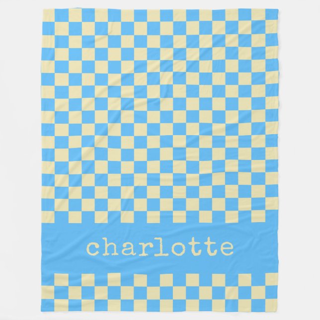 Retro Aesthetic Checkerboard Pattern Blue Name Fleece Blanket (Front)