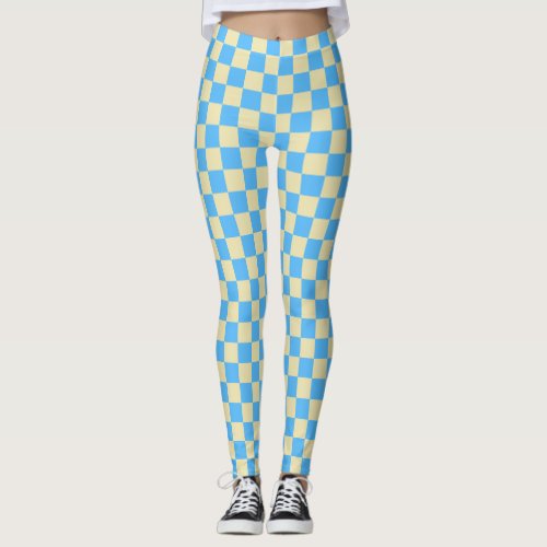 Retro Aesthetic Checkerboard Pattern Blue White Leggings