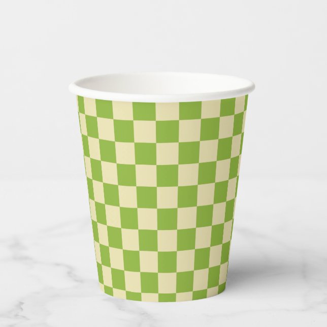 Retro Aesthetic Checkerboard Pattern Green White  Paper Cups (Front)
