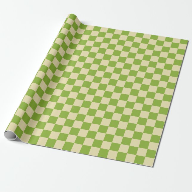 Retro Aesthetic Checkerboard Pattern Green White Wrapping Paper (Unrolled)