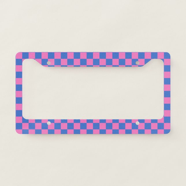Retro Aesthetic Checkerboard Pattern Pink and Blue License Plate Frame (Front)