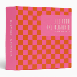Retro Aesthetic Checkerboard Pink Orange Wedding 3 Ring Binder