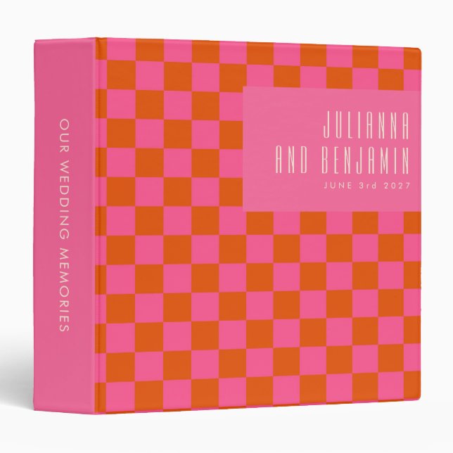 Retro Aesthetic Checkerboard Pink Orange Wedding 3 Ring Binder (Front/Spine)