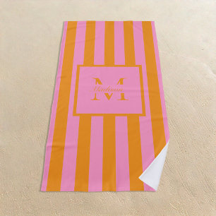 Retro Aesthetic Pink Orange Personalized Monogram Beach Towel