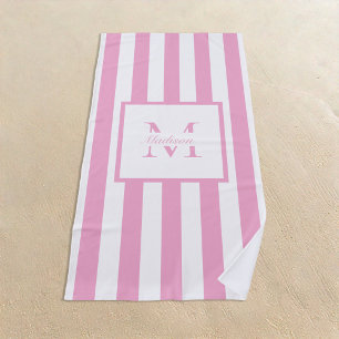 Retro Aesthetic Pink White Personalized Monogram  Beach Towel