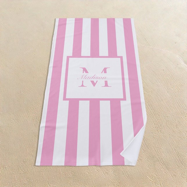 Retro Aesthetic Pink White Personalized Monogram  Beach Towel (Creator Uploaded)