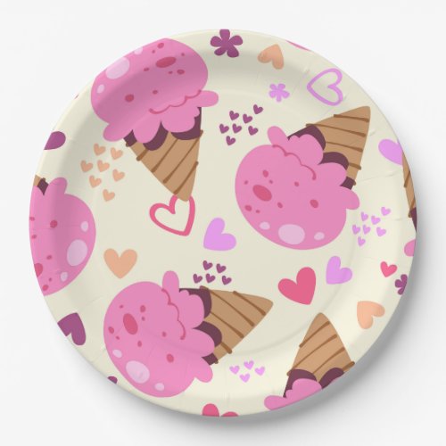 Retro Aesthetic Strawberry Ice Cream and Pink Hear Paper Plates