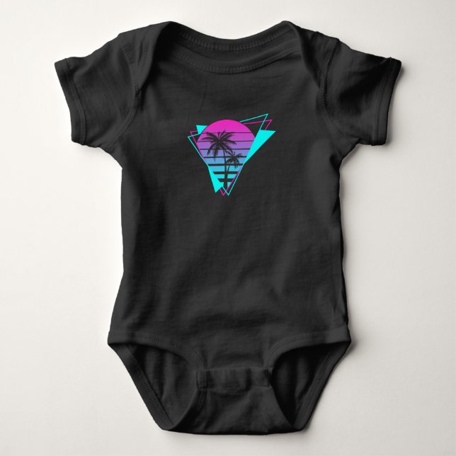 Retro Aesthetic Vaporwave Geometric Palm Trees Baby Bodysuit (Front)