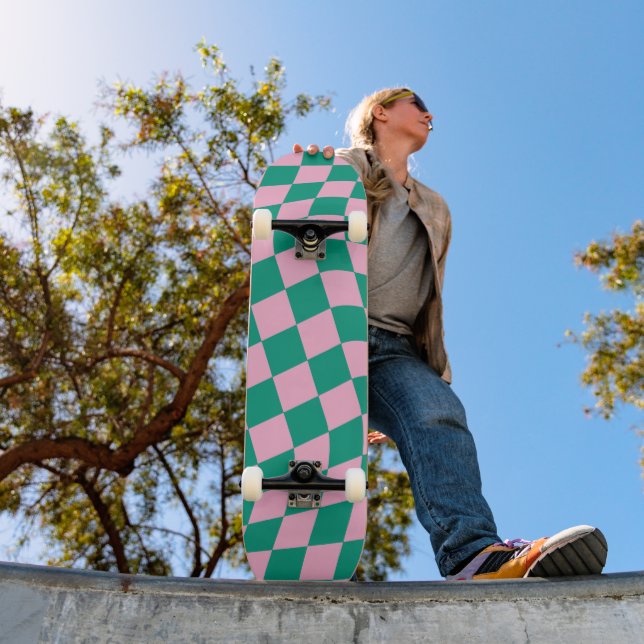 Retro Aesthetic Vibrant Pink Green Checkerboard Skateboard (Outdoor 1)